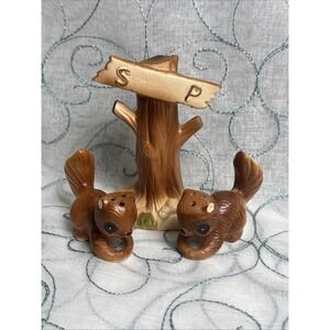 Vintage Squirrel Salt & Pepper Shakers with Tree Stand Holder‎ 1950s Japan 4.5"